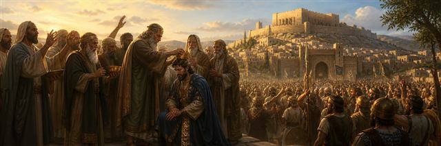 Israel’s elders anointing David with Jerusalem rising behind the gathered tribes